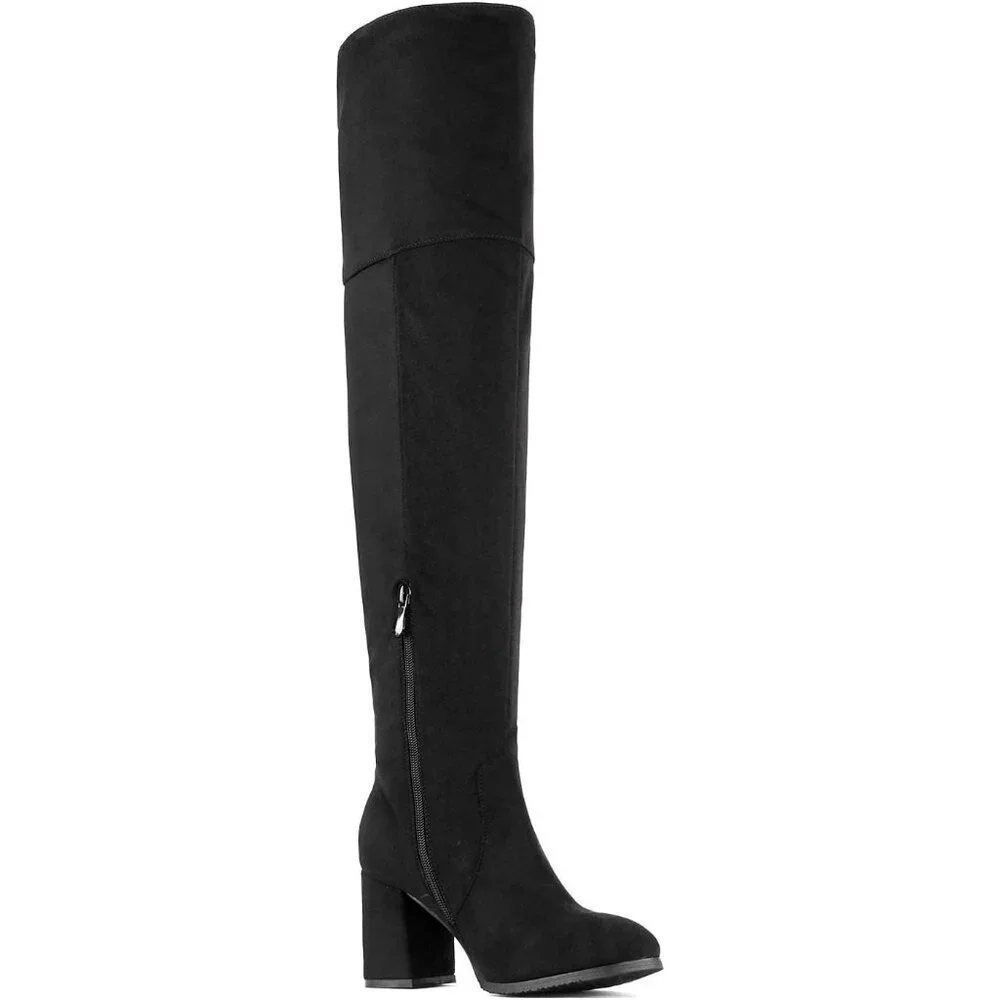 Women's Black Faux Suede Thigh High Block Heel Over The Knee Pointed Toe Boots